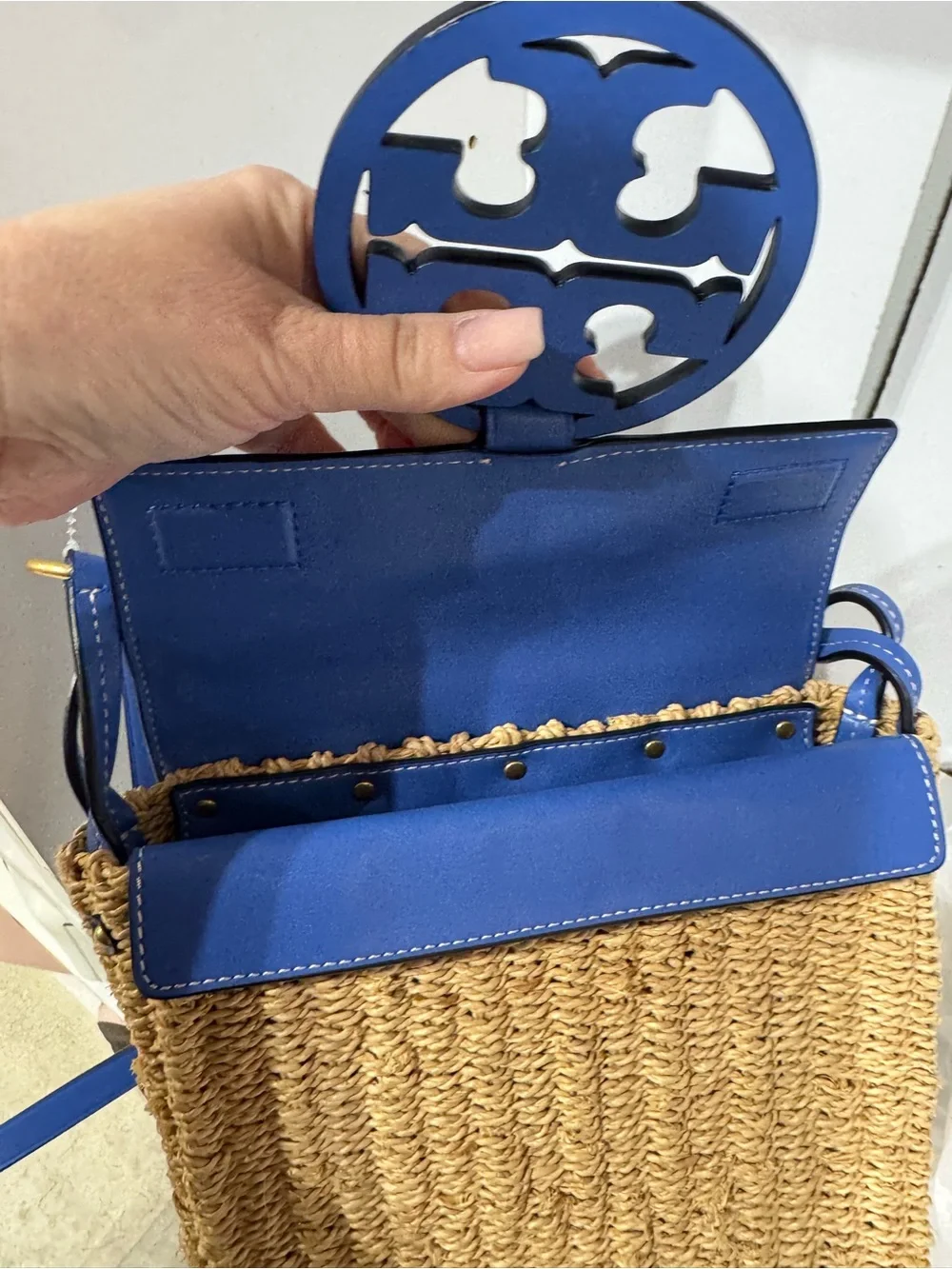 Tory Burch Blue Leather & Woven Straw Crossbody